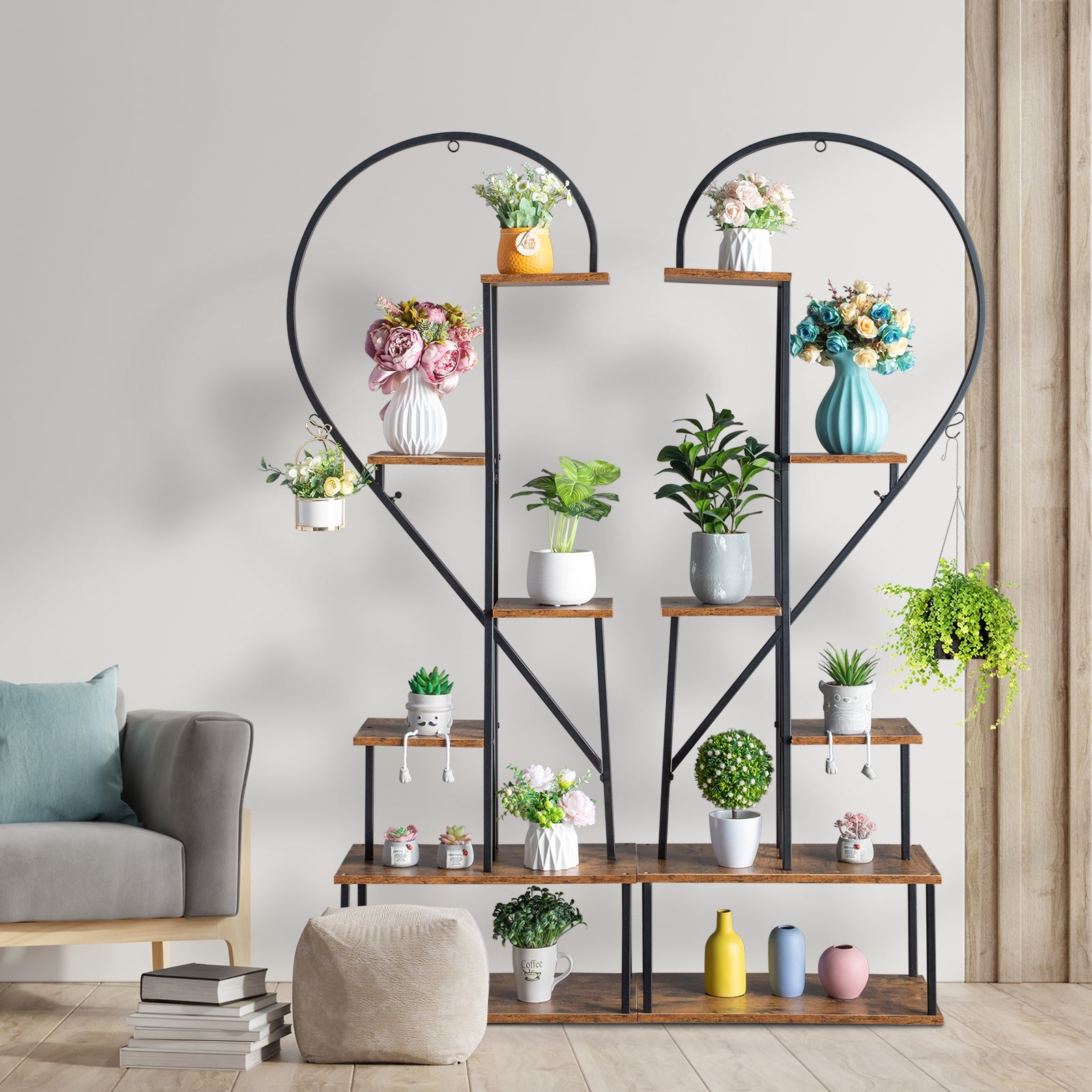 HAOYYE 2pcs 6-Layer Half Heart Iron and Wood Plant Stand, Durable Metal Flower Pot Holder for Garden, Balcony, Patio, Lawn, and Home Decoration, Stylish Black Flower Display Rack for Indoor and Outdoor Use