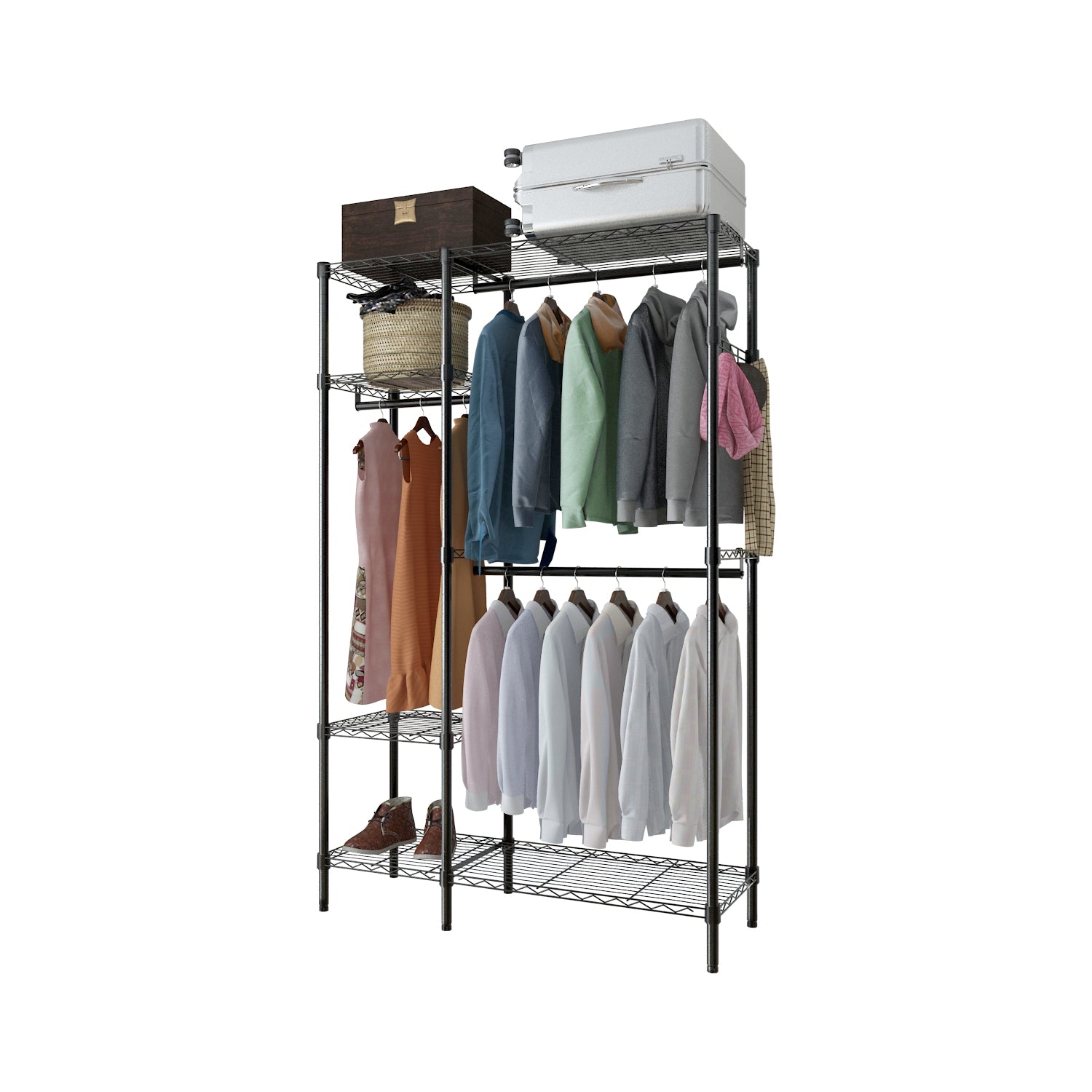 HAOYYE Closet Organizer Portable Metal Garment Rack With Shelves & Hanging Bars, Free-Standing Storage Solution For Clothing & Accessories, Space-Saving Wardrobe Organizer For Home Bedroom Entryway, Sturdy Steel Frame, Durable, Modern Design.