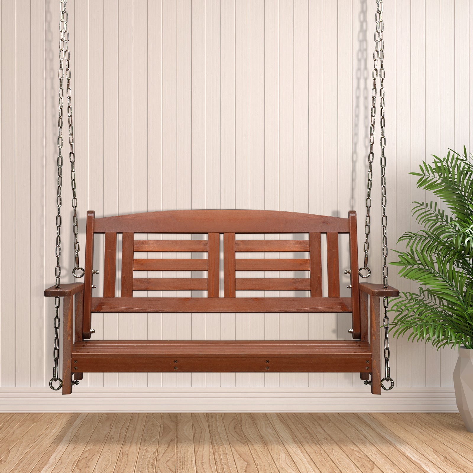 HAOYYE Wooden Porch Swing Bench for 2 Adults Reddish Brown Outdoor Hanging Swing with Chains 500lbs Capacity for Patio Garden Yard Deck Relaxation Durable Weather-Resistant Fir Wood Chair