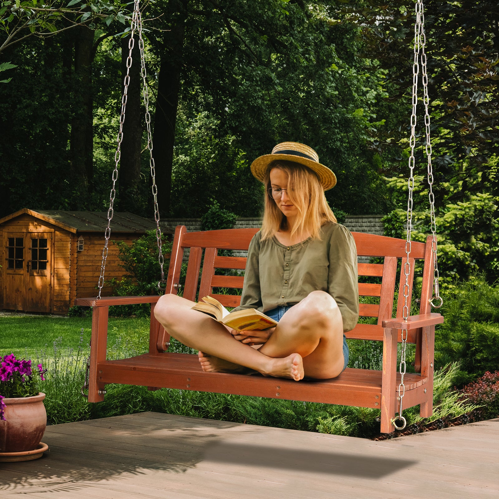 HAOYYE Wooden Porch Swing Bench for 2 Adults Reddish Brown Outdoor Hanging Swing with Chains 500lbs Capacity for Patio Garden Yard Deck Relaxation Durable Weather-Resistant Fir Wood Chair