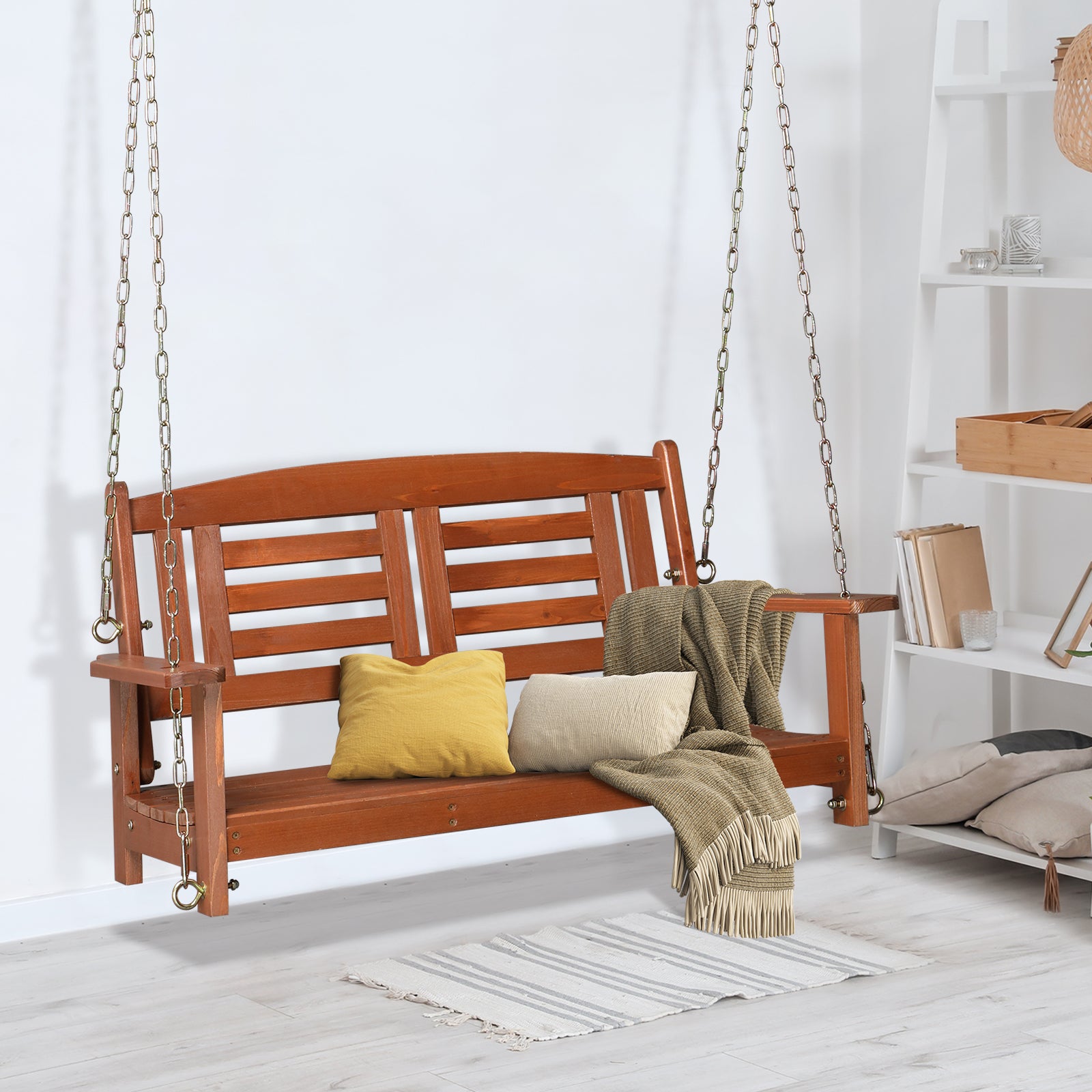 HAOYYE Wooden Porch Swing Bench for 2 Adults Reddish Brown Outdoor Hanging Swing with Chains 500lbs Capacity for Patio Garden Yard Deck Relaxation Durable Weather-Resistant Fir Wood Chair