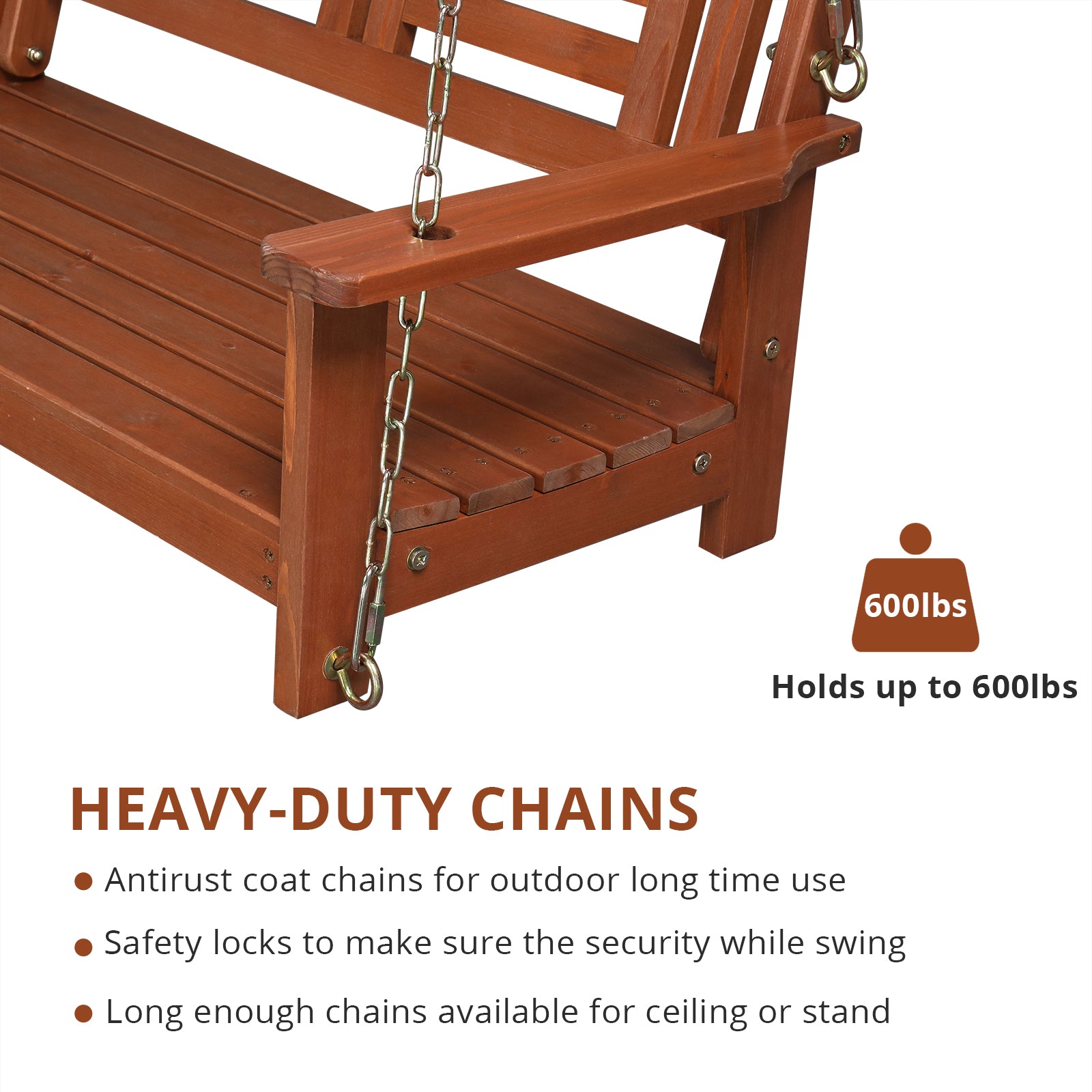 HAOYYE Wooden Porch Swing Bench for 2 Adults Reddish Brown Outdoor Hanging Swing with Chains 500lbs Capacity for Patio Garden Yard Deck Relaxation Durable Weather-Resistant Fir Wood Chair