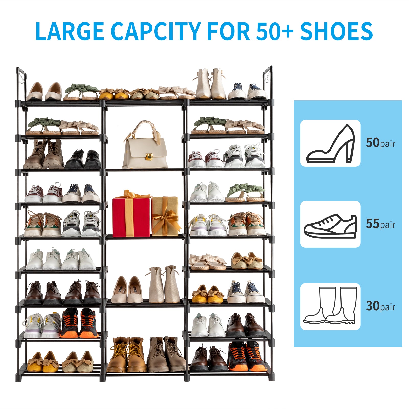 HAOYYE 9-Tier Shoe Rack Storage Organizer With Adjustable Height, Stackable Shoe Cabinet With Sturdy Design, Durable Multifunctional Shoe Shelf For Entryway, Modern Home Organizer For Boots, Heels, And Slippers, Space-Saving Storage Solution