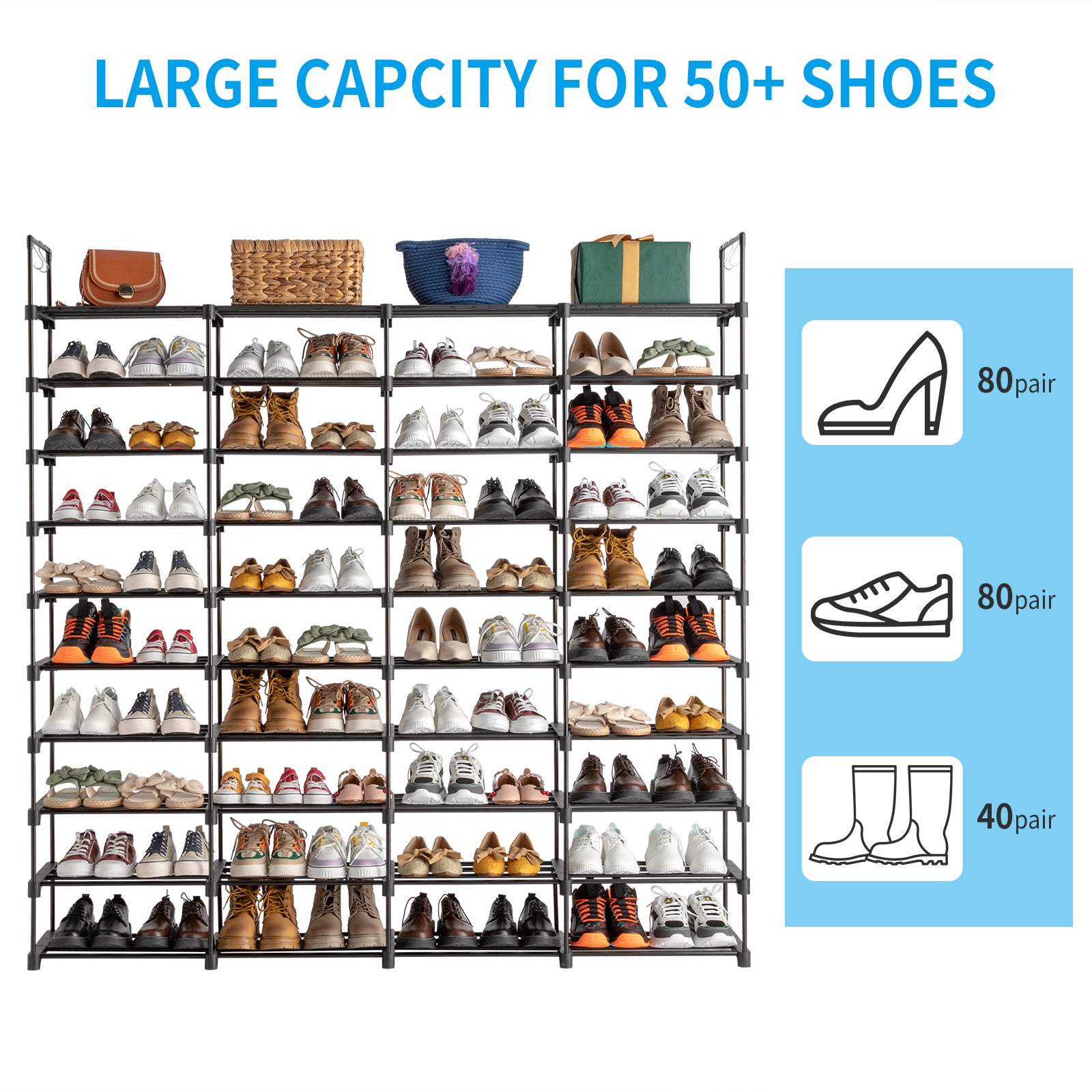 HAOYYE 10 Tiers Shoe Rack Storage Organizer Shoe Shelf Organizer for Entryway Holds 80 Pairs Shoe, Stackable Shoe Cabinet Shoe Rack Sturdy Design Durable Multifunctional Modern Home Organizer Storage