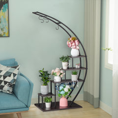 HAOYYE Artisasset 5-Layer Semicircle Iron Wood Plant Stand Black Sturdy Durable Design Multifunctional Modern Decoration for Garden Balcony Patio Lawn or Home