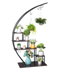 HAOYYE Artisasset 5-Layer Semicircle Iron Wood Plant Stand Black Sturdy Durable Design Multifunctional Modern Decoration for Garden Balcony Patio Lawn or Home