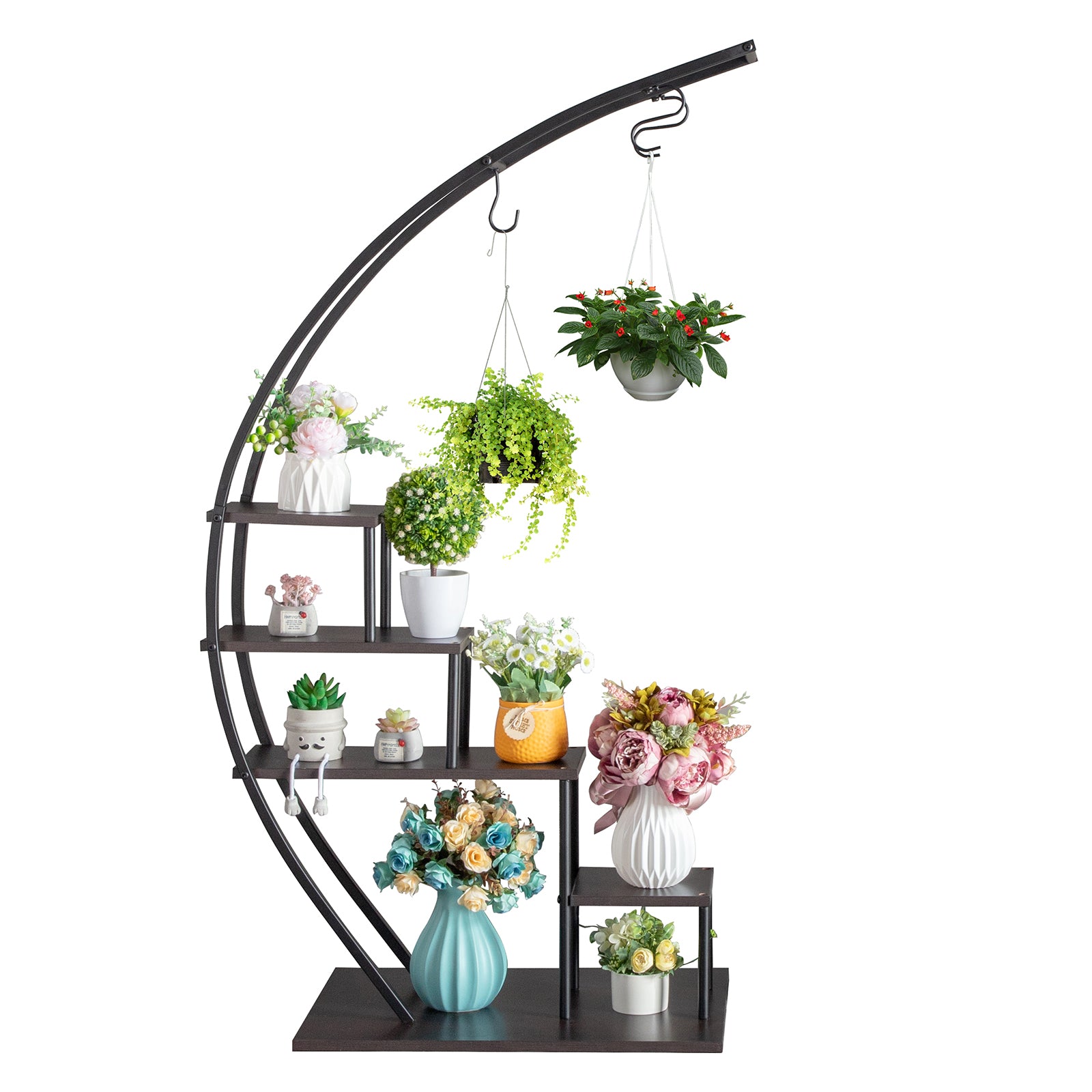 HAOYYE Artisasset 5-Layer Semicircle Iron Wood Plant Stand Black Sturdy Durable Design Multifunctional Modern Decoration for Garden Balcony Patio Lawn or Home