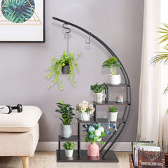 HAOYYE Artisasset 5-Layer Semicircle Iron Wood Plant Stand Black Sturdy Durable Design Multifunctional Modern Decoration for Garden Balcony Patio Lawn or Home