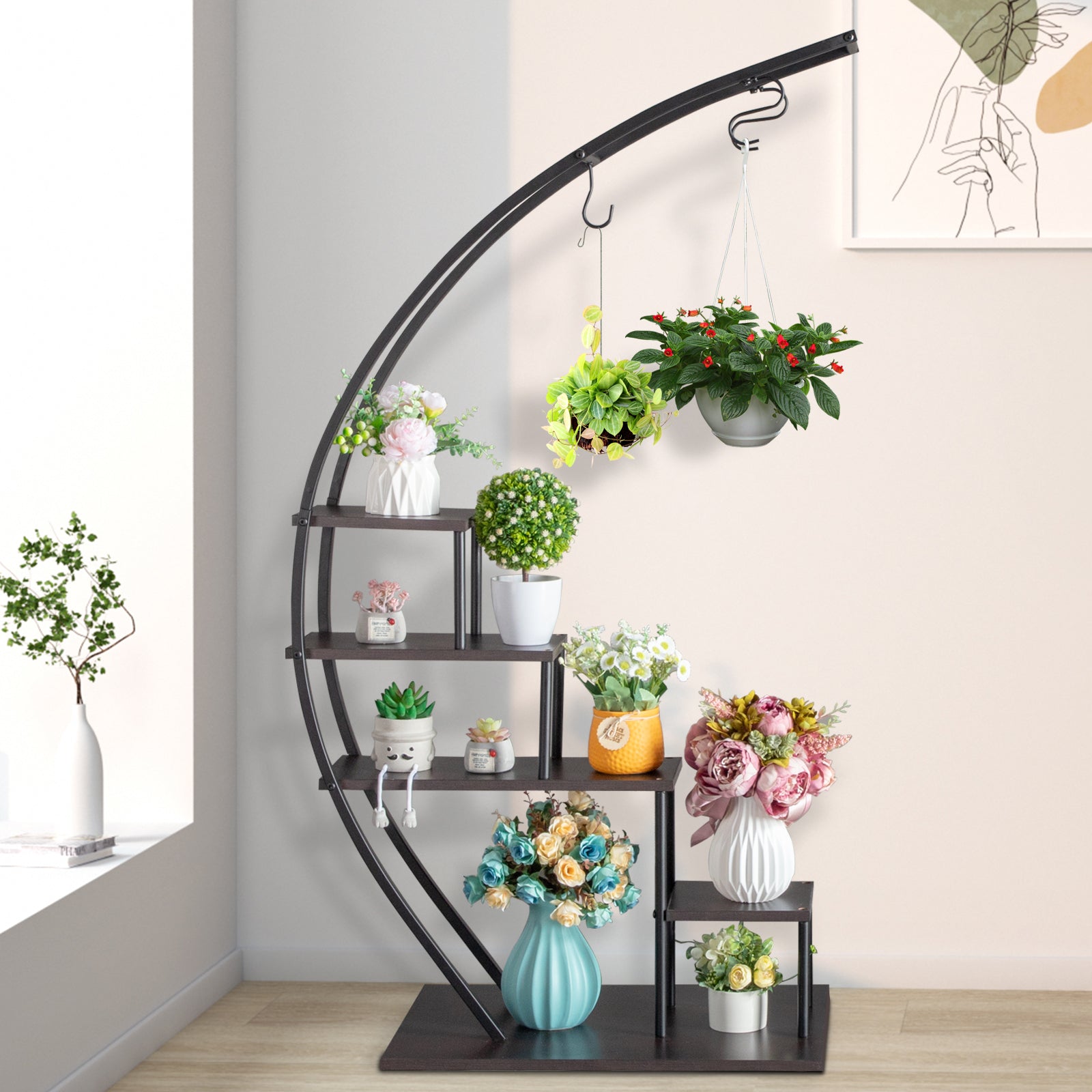 HAOYYE Artisasset 5-Layer Semicircle Iron Wood Plant Stand Black Sturdy Durable Design Multifunctional Modern Decoration for Garden Balcony Patio Lawn or Home