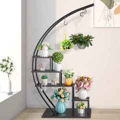 HAOYYE Artisasset 5-Layer Semicircle Iron Wood Plant Stand Black Sturdy Durable Design Multifunctional Modern Decoration for Garden Balcony Patio Lawn or Home