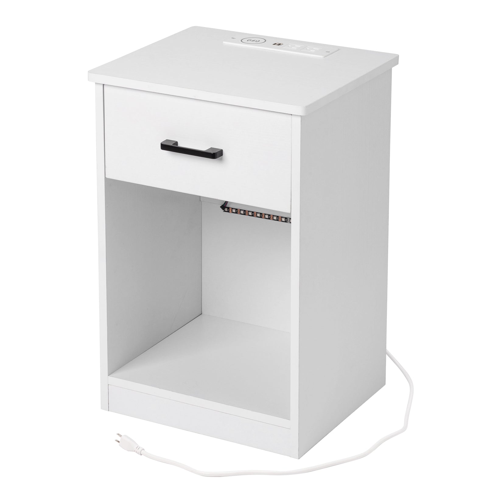HAOYYE White Bedside Table with LED Light, Single Drawer, USB Ports, Power Outlets, and Wireless Charging - Durable Particleboard Nightstand for Bedroom Storage and Modern Home Décor