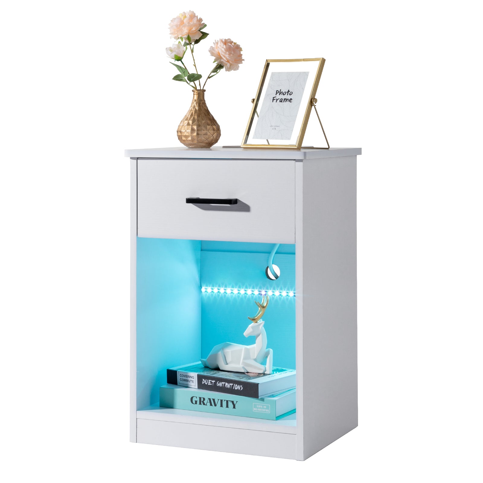 HAOYYE White Bedside Table with LED Light, Single Drawer, USB Ports, Power Outlets, and Wireless Charging - Durable Particleboard Nightstand for Bedroom Storage and Modern Home Décor