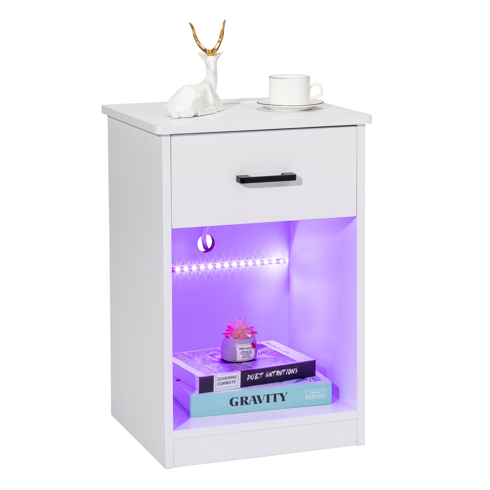 HAOYYE White Bedside Table with LED Light, Single Drawer, USB Ports, Power Outlets, and Wireless Charging - Durable Particleboard Nightstand for Bedroom Storage and Modern Home Décor