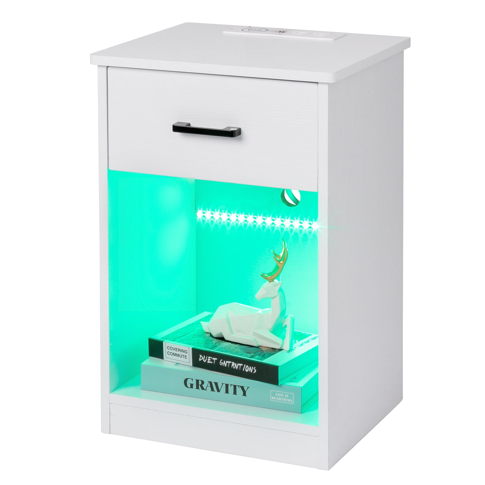 HAOYYE White Bedside Table with LED Light, Single Drawer, USB Ports, Power Outlets, and Wireless Charging - Durable Particleboard Nightstand for Bedroom Storage and Modern Home Décor
