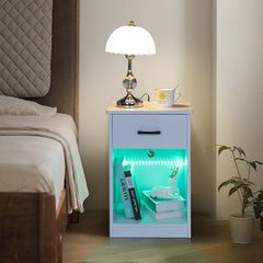 HAOYYE White Bedside Table with LED Light, Single Drawer, USB Ports, Power Outlets, and Wireless Charging - Durable Particleboard Nightstand for Bedroom Storage and Modern Home Décor