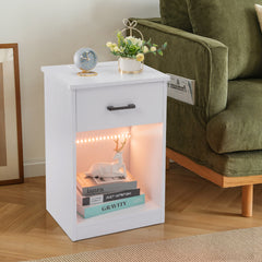 HAOYYE White Bedside Table with LED Light, Single Drawer, USB Ports, Power Outlets, and Wireless Charging - Durable Particleboard Nightstand for Bedroom Storage and Modern Home Décor