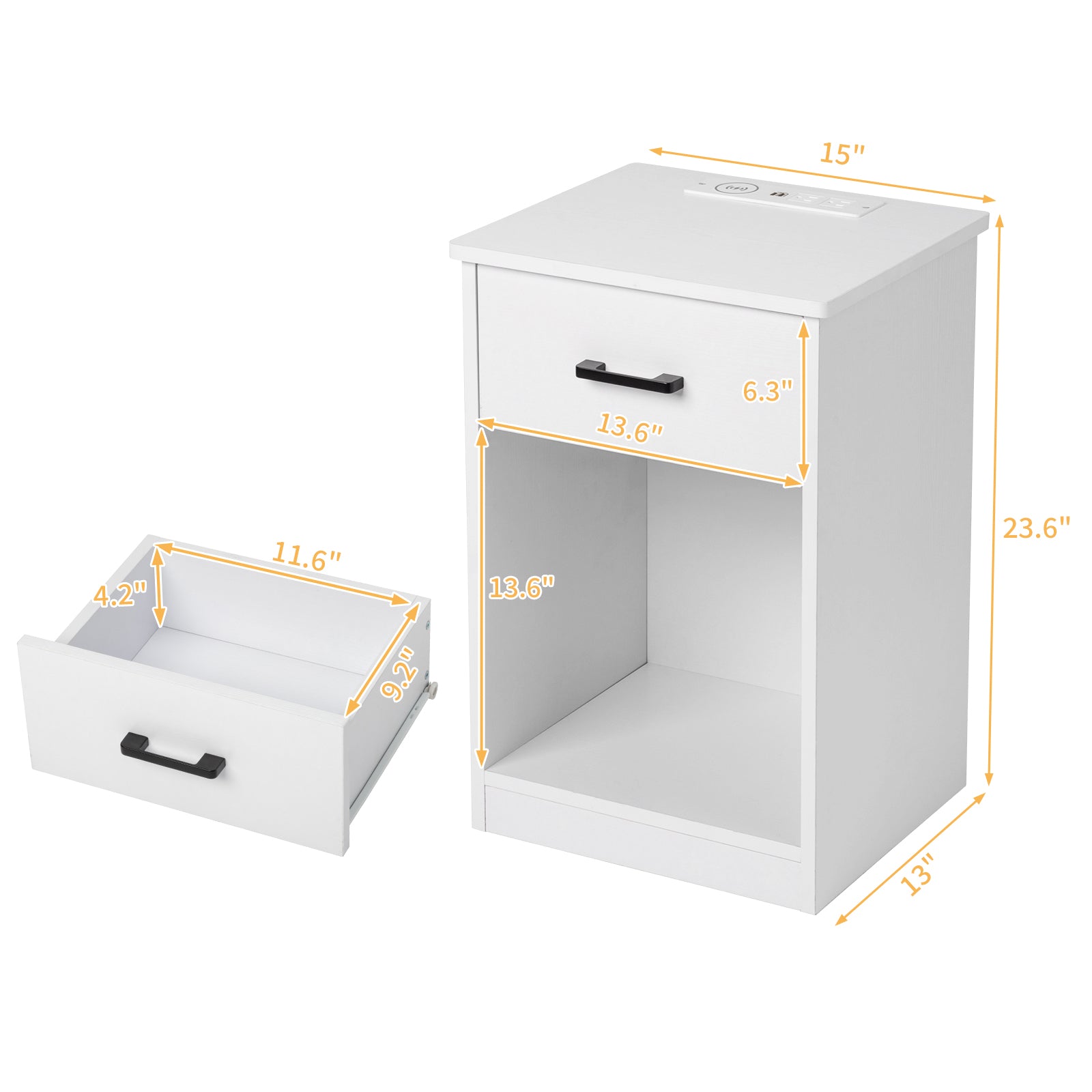 HAOYYE White Bedside Table with LED Light, Single Drawer, USB Ports, Power Outlets, and Wireless Charging - Durable Particleboard Nightstand for Bedroom Storage and Modern Home Décor