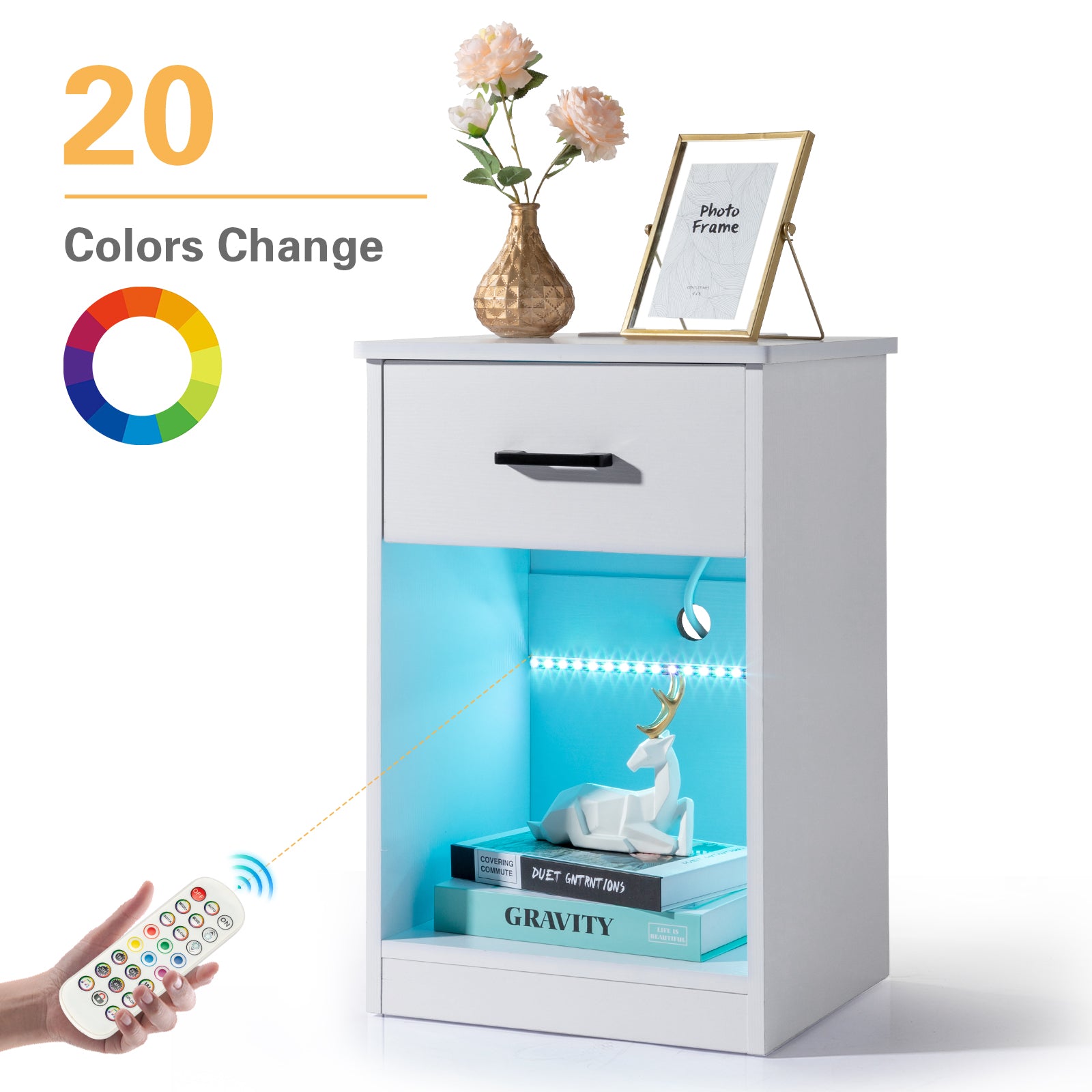 HAOYYE White Bedside Table with LED Light, Single Drawer, USB Ports, Power Outlets, and Wireless Charging - Durable Particleboard Nightstand for Bedroom Storage and Modern Home Décor