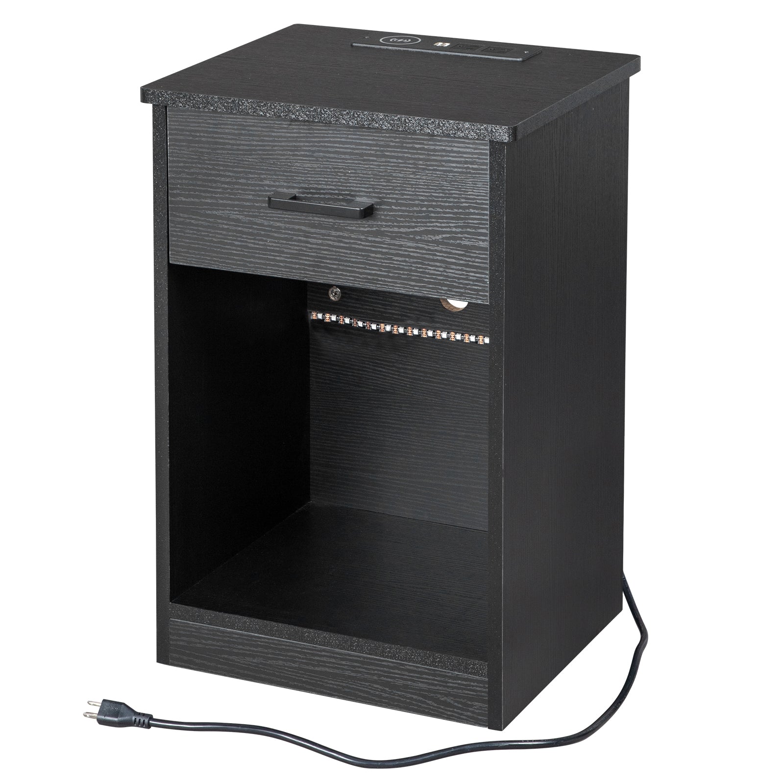 HAOYYE Black Bedside Table With LED Light And Drawer - Modern Storage Organizer Nightstand With Built-In Socket - Sleek Triamine Particleboard Design - Durable And Stylish Bedroom Furniture - Space-Saving Functional Bedside Cabinet For Homes