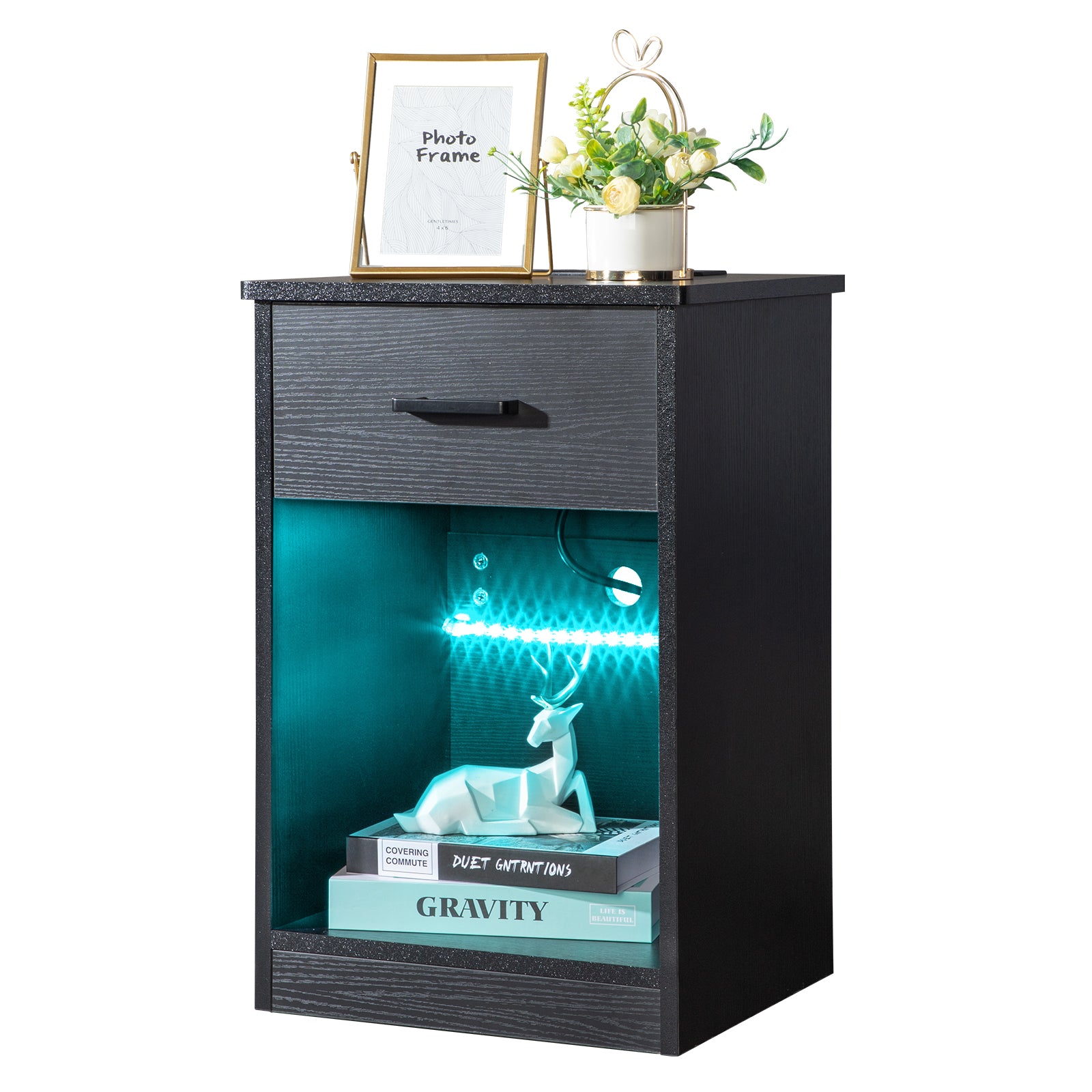 HAOYYE Black Bedside Table With LED Light And Drawer - Modern Storage Organizer Nightstand With Built-In Socket - Sleek Triamine Particleboard Design - Durable And Stylish Bedroom Furniture - Space-Saving Functional Bedside Cabinet For Homes