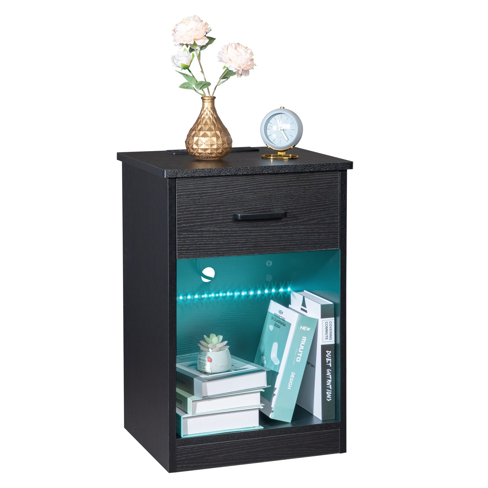HAOYYE Black Bedside Table With LED Light And Drawer - Modern Storage Organizer Nightstand With Built-In Socket - Sleek Triamine Particleboard Design - Durable And Stylish Bedroom Furniture - Space-Saving Functional Bedside Cabinet For Homes