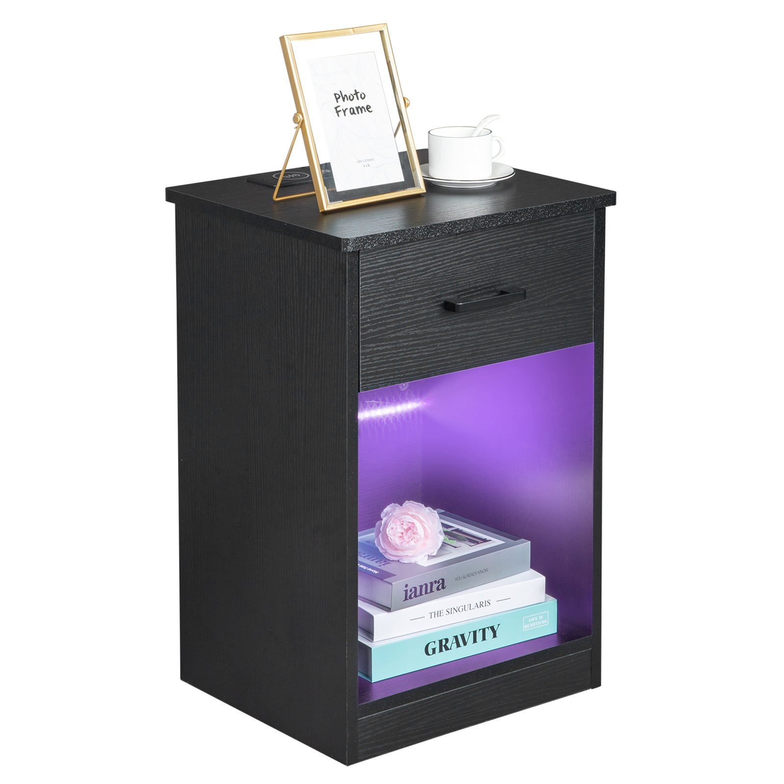 HAOYYE Black Bedside Table With LED Light And Drawer - Modern Storage Organizer Nightstand With Built-In Socket - Sleek Triamine Particleboard Design - Durable And Stylish Bedroom Furniture - Space-Saving Functional Bedside Cabinet For Homes