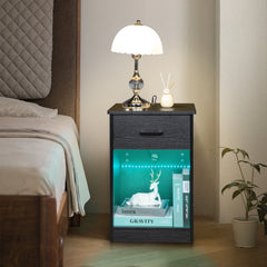 HAOYYE Black Bedside Table With LED Light And Drawer - Modern Storage Organizer Nightstand With Built-In Socket - Sleek Triamine Particleboard Design - Durable And Stylish Bedroom Furniture - Space-Saving Functional Bedside Cabinet For Homes