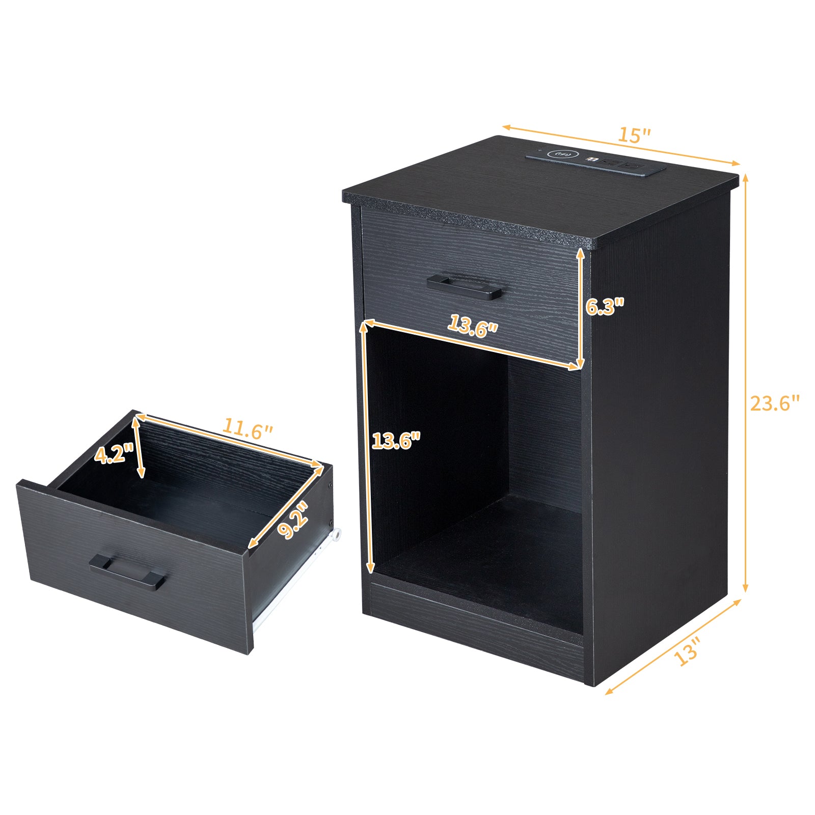 HAOYYE Black Bedside Table With LED Light And Drawer - Modern Storage Organizer Nightstand With Built-In Socket - Sleek Triamine Particleboard Design - Durable And Stylish Bedroom Furniture - Space-Saving Functional Bedside Cabinet For Homes