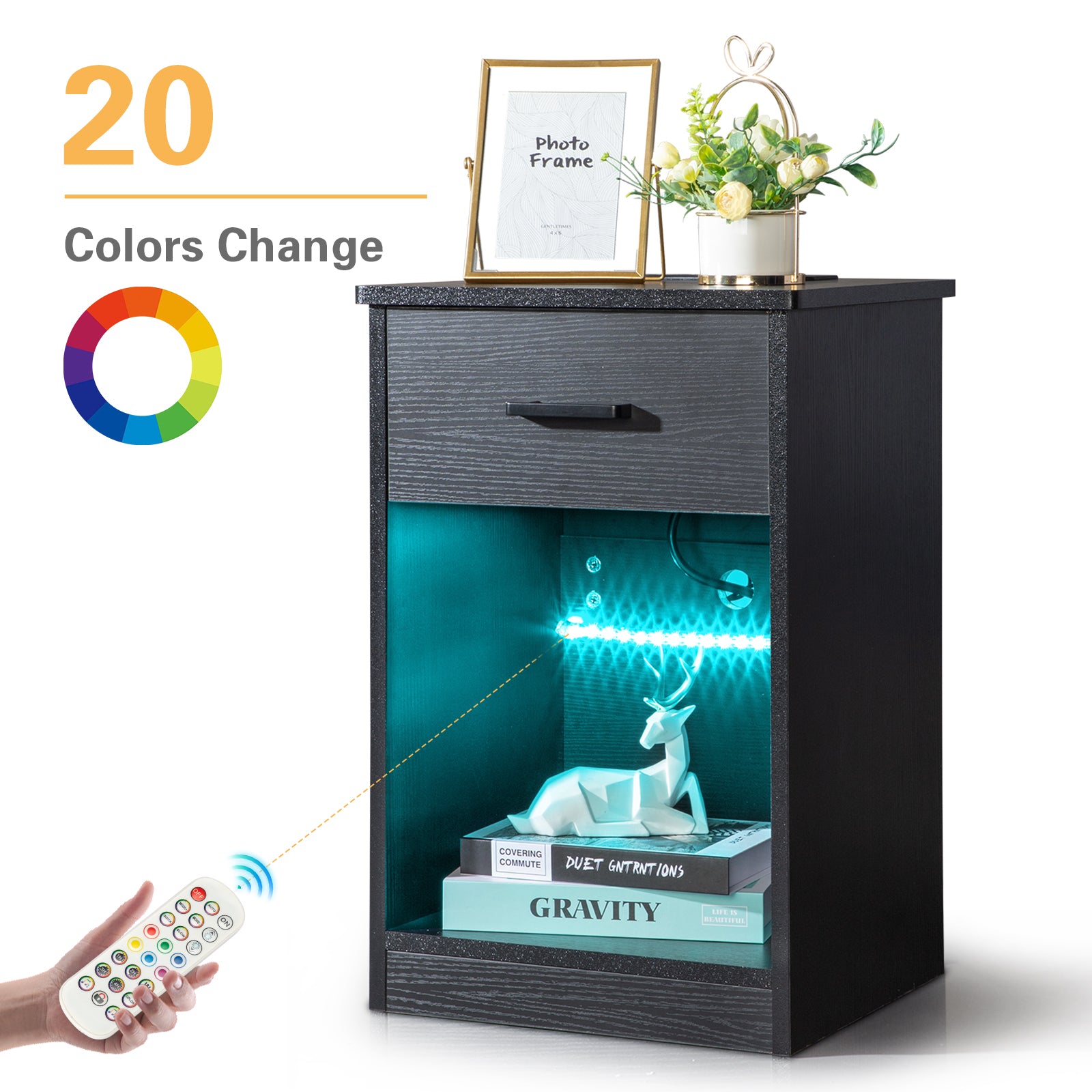 HAOYYE Black Bedside Table With LED Light And Drawer - Modern Storage Organizer Nightstand With Built-In Socket - Sleek Triamine Particleboard Design - Durable And Stylish Bedroom Furniture - Space-Saving Functional Bedside Cabinet For Homes