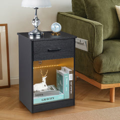 HAOYYE Black Bedside Table With LED Light And Drawer - Modern Storage Organizer Nightstand With Built-In Socket - Sleek Triamine Particleboard Design - Durable And Stylish Bedroom Furniture - Space-Saving Functional Bedside Cabinet For Homes