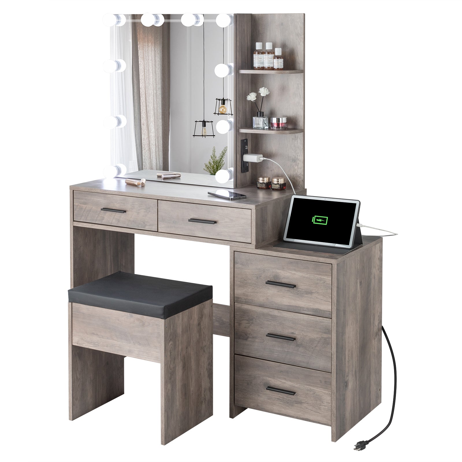 HAOYYE Grey Vanity Dressing Table Set with Mirror Cabinet Three Dimming Light Bulbs 5 Drawers and 2 Storage Shelves Particleboard with Triamine Veneer Modern Makeup Desk with Ample Storage and Elegant Design