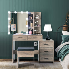 HAOYYE Grey Vanity Dressing Table Set with Mirror Cabinet Three Dimming Light Bulbs 5 Drawers and 2 Storage Shelves Particleboard with Triamine Veneer Modern Makeup Desk with Ample Storage and Elegant Design