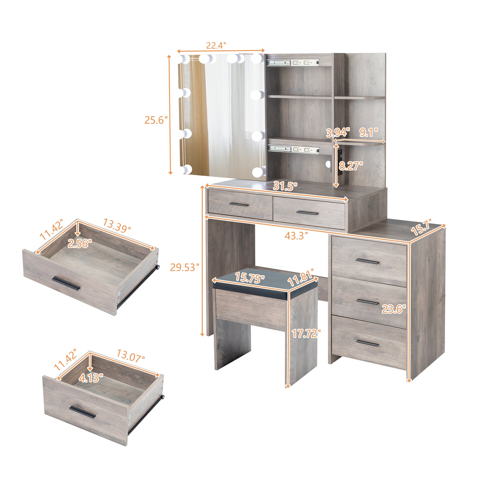 HAOYYE Grey Vanity Dressing Table Set with Mirror Cabinet Three Dimming Light Bulbs 5 Drawers and 2 Storage Shelves Particleboard with Triamine Veneer Modern Makeup Desk with Ample Storage and Elegant Design
