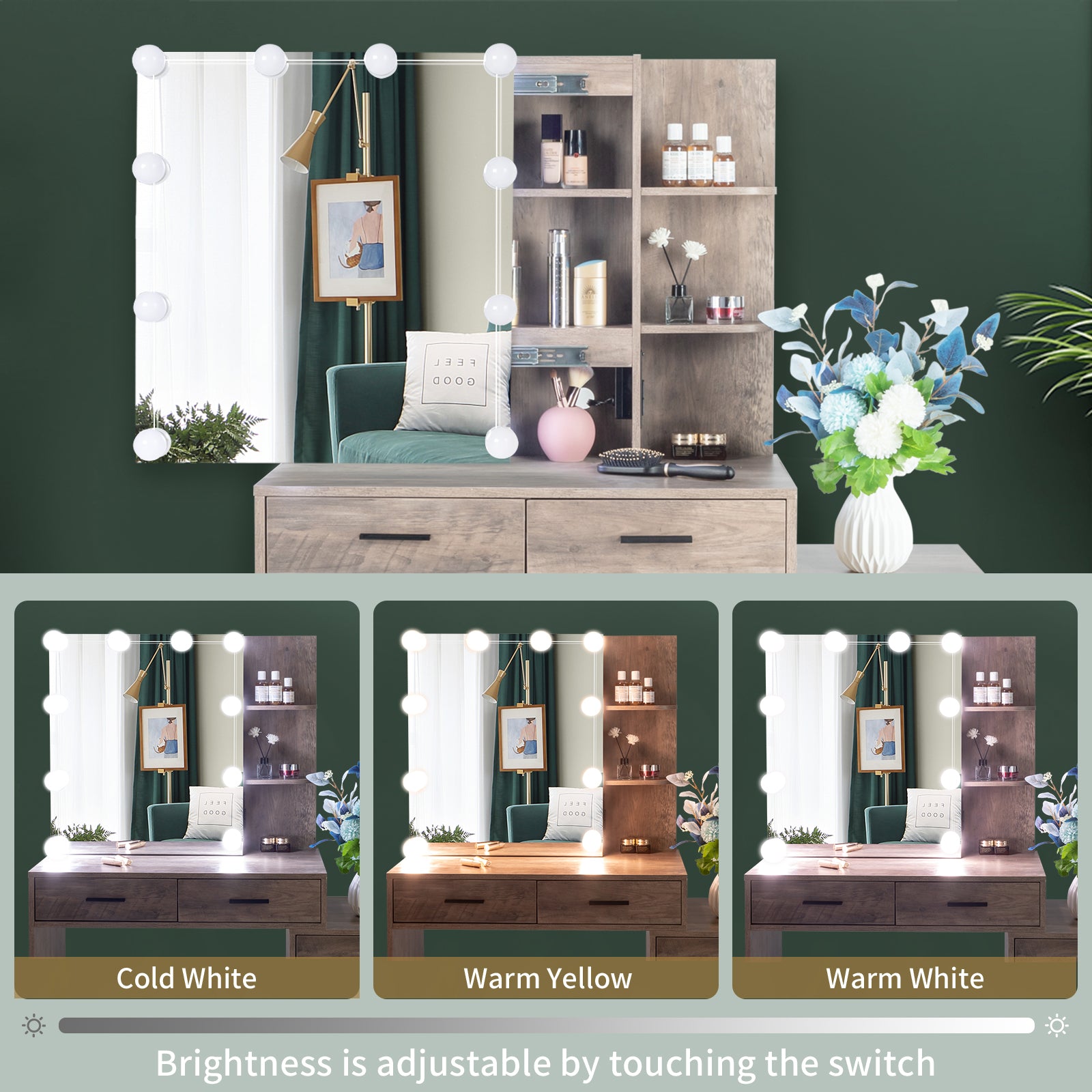HAOYYE Grey Vanity Dressing Table Set with Mirror Cabinet Three Dimming Light Bulbs 5 Drawers and 2 Storage Shelves Particleboard with Triamine Veneer Modern Makeup Desk with Ample Storage and Elegant Design