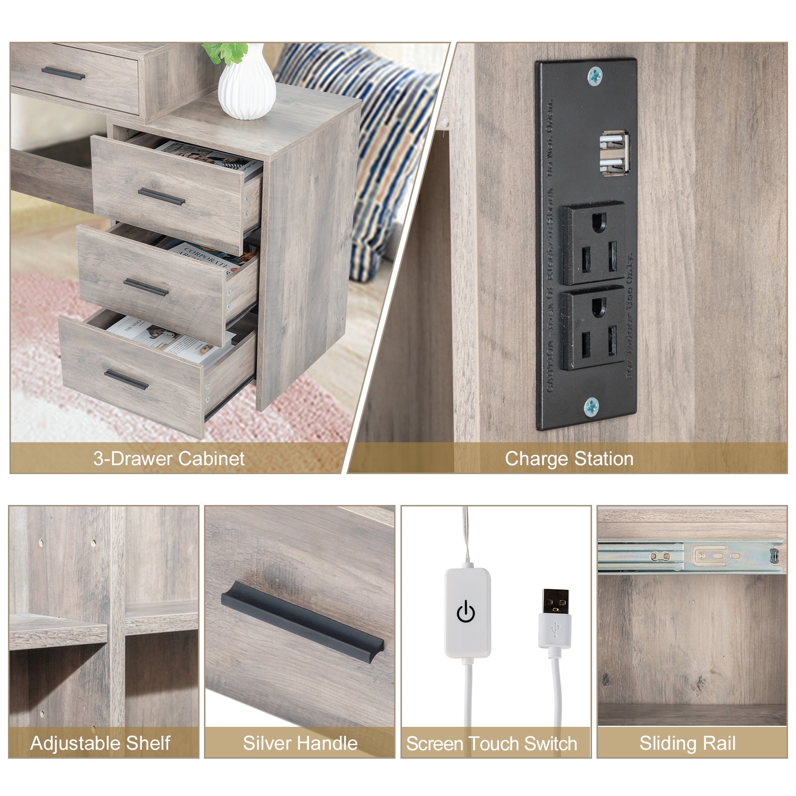 HAOYYE Grey Vanity Dressing Table Set with Mirror Cabinet Three Dimming Light Bulbs 5 Drawers and 2 Storage Shelves Particleboard with Triamine Veneer Modern Makeup Desk with Ample Storage and Elegant Design