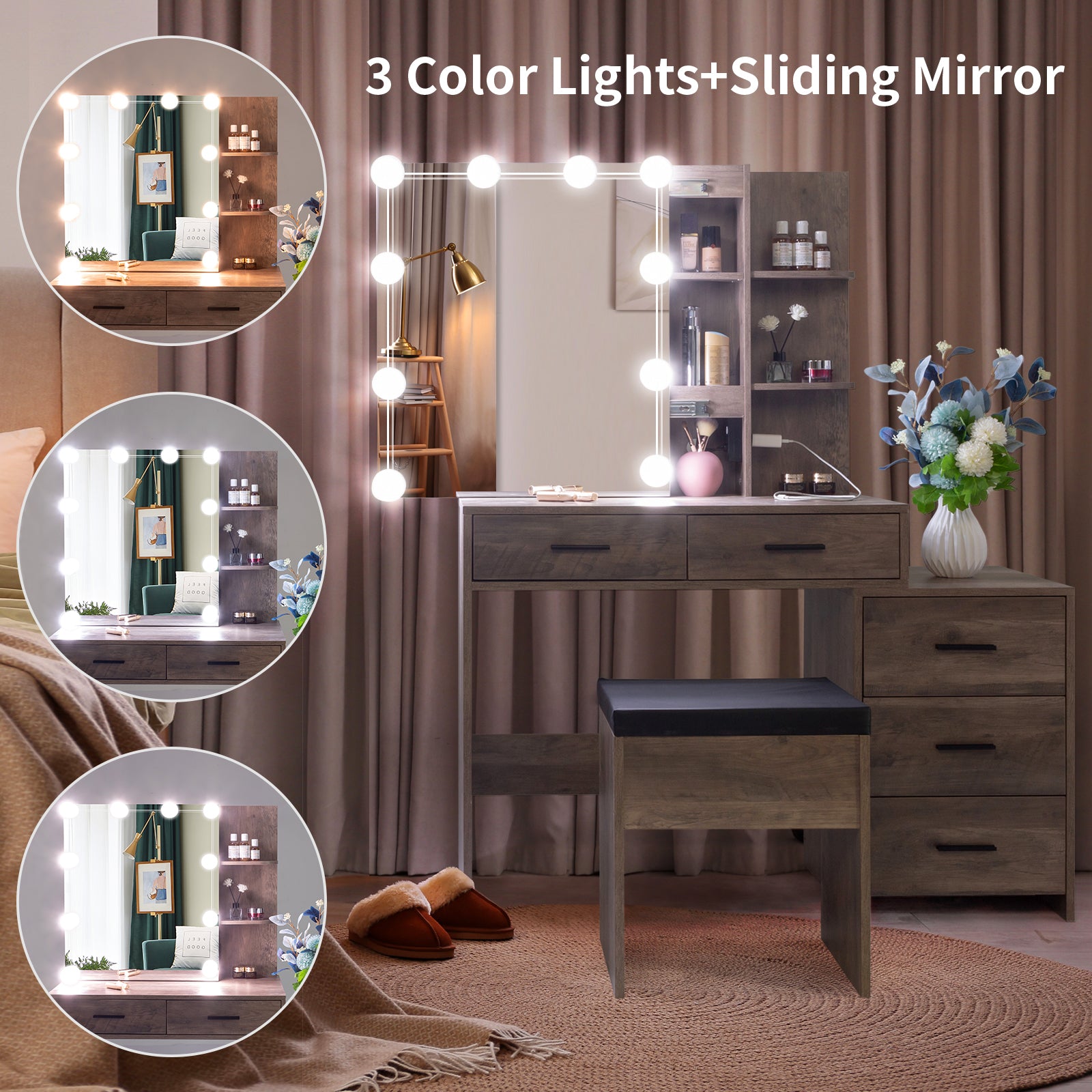 HAOYYE Grey Vanity Dressing Table Set with Mirror Cabinet Three Dimming Light Bulbs 5 Drawers and 2 Storage Shelves Particleboard with Triamine Veneer Modern Makeup Desk with Ample Storage and Elegant Design
