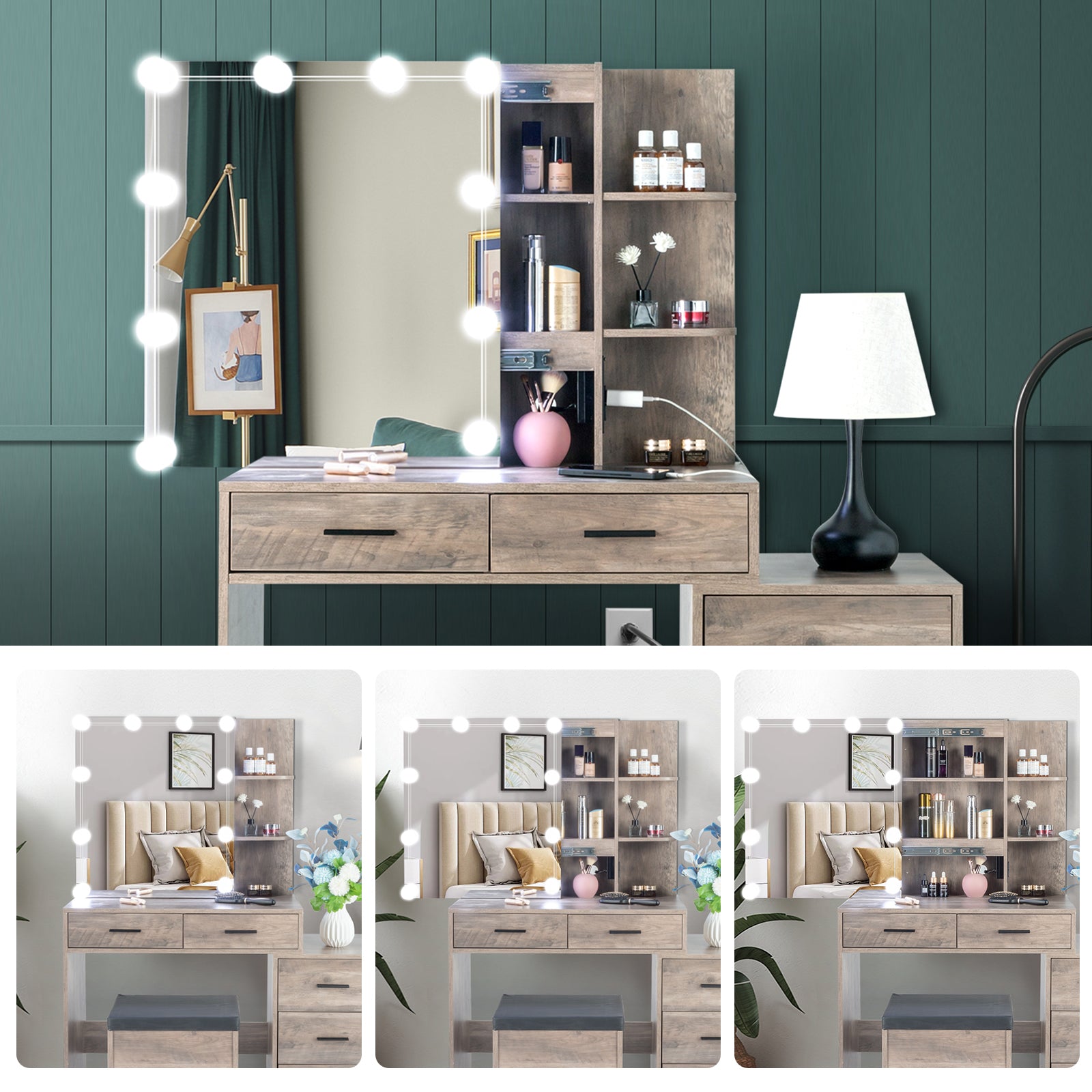 HAOYYE Grey Vanity Dressing Table Set with Mirror Cabinet Three Dimming Light Bulbs 5 Drawers and 2 Storage Shelves Particleboard with Triamine Veneer Modern Makeup Desk with Ample Storage and Elegant Design