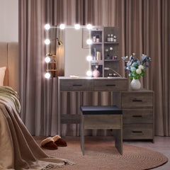 HAOYYE Grey Vanity Dressing Table Set with Mirror Cabinet Three Dimming Light Bulbs 5 Drawers and 2 Storage Shelves Particleboard with Triamine Veneer Modern Makeup Desk with Ample Storage and Elegant Design
