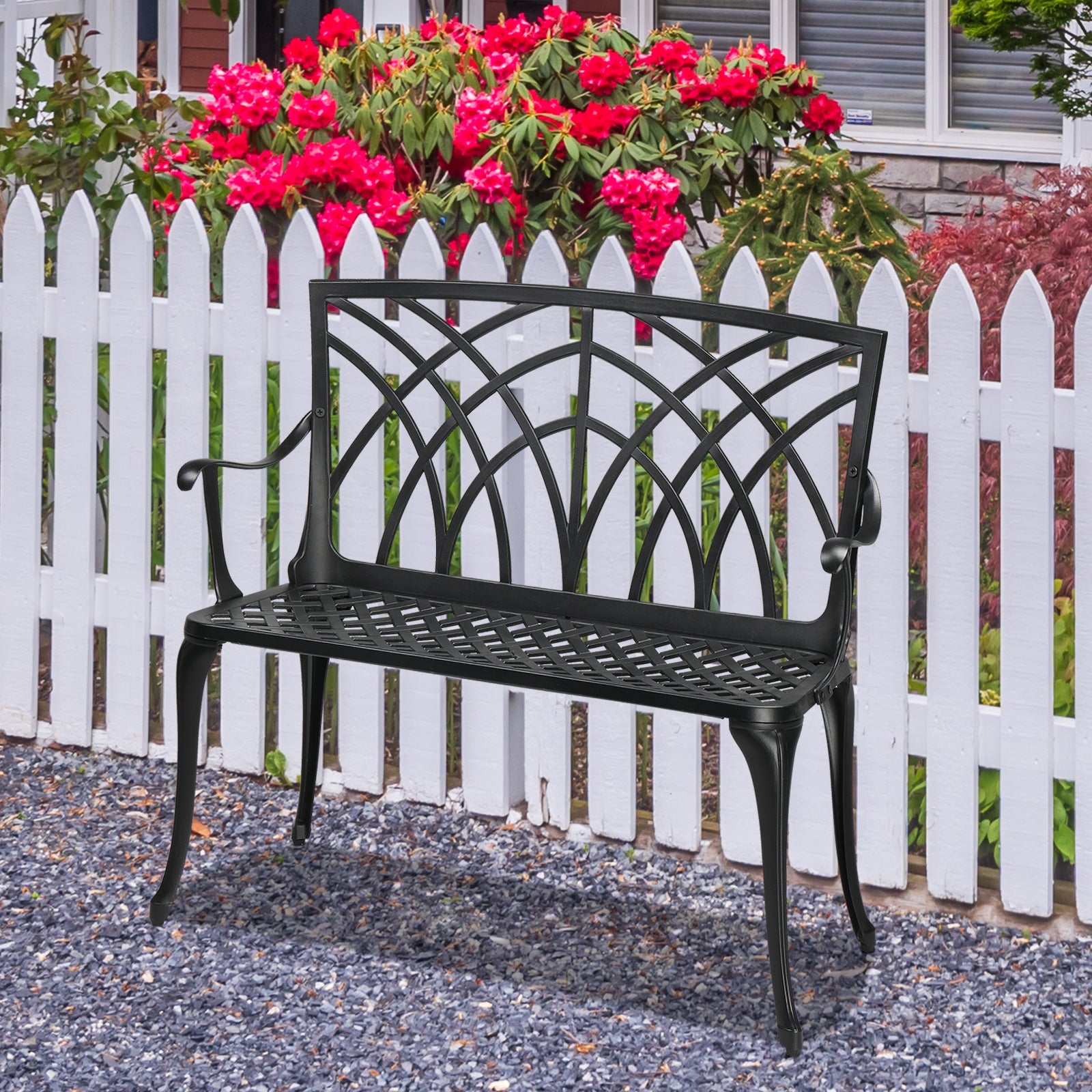 HAOYYE 38in Outdoor Orchid Back Aluminum Bench, Elegant and Durable Garden Bench with Curved Armrests and Sloped Slatted Seat, Perfect for Patio, Porch, Backyard, or Front Yard, Easy to Assemble and Maintain