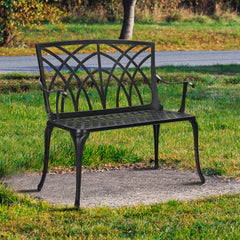 HAOYYE 38in Outdoor Orchid Back Aluminum Bench, Elegant and Durable Garden Bench with Curved Armrests and Sloped Slatted Seat, Perfect for Patio, Porch, Backyard, or Front Yard, Easy to Assemble and Maintain