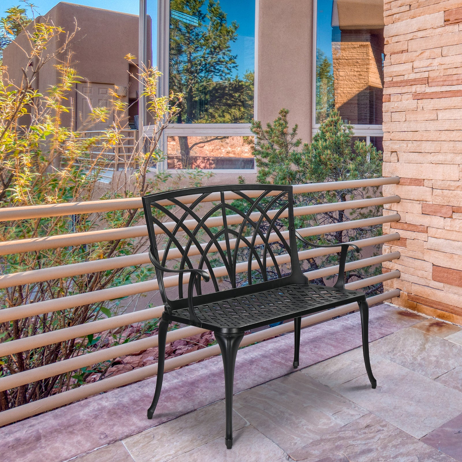 HAOYYE 38in Outdoor Orchid Back Aluminum Bench, Elegant and Durable Garden Bench with Curved Armrests and Sloped Slatted Seat, Perfect for Patio, Porch, Backyard, or Front Yard, Easy to Assemble and Maintain