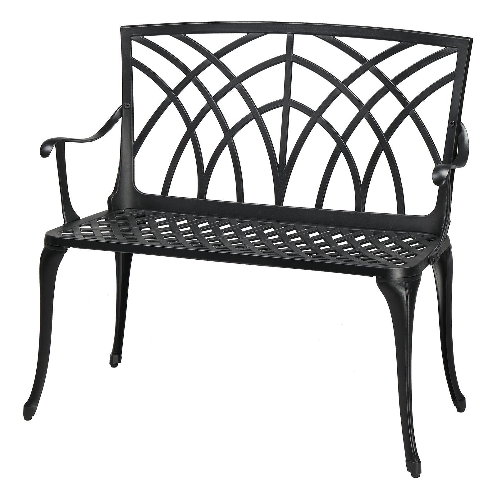HAOYYE 38in Outdoor Orchid Back Aluminum Bench, Elegant and Durable Garden Bench with Curved Armrests and Sloped Slatted Seat, Perfect for Patio, Porch, Backyard, or Front Yard, Easy to Assemble and Maintain