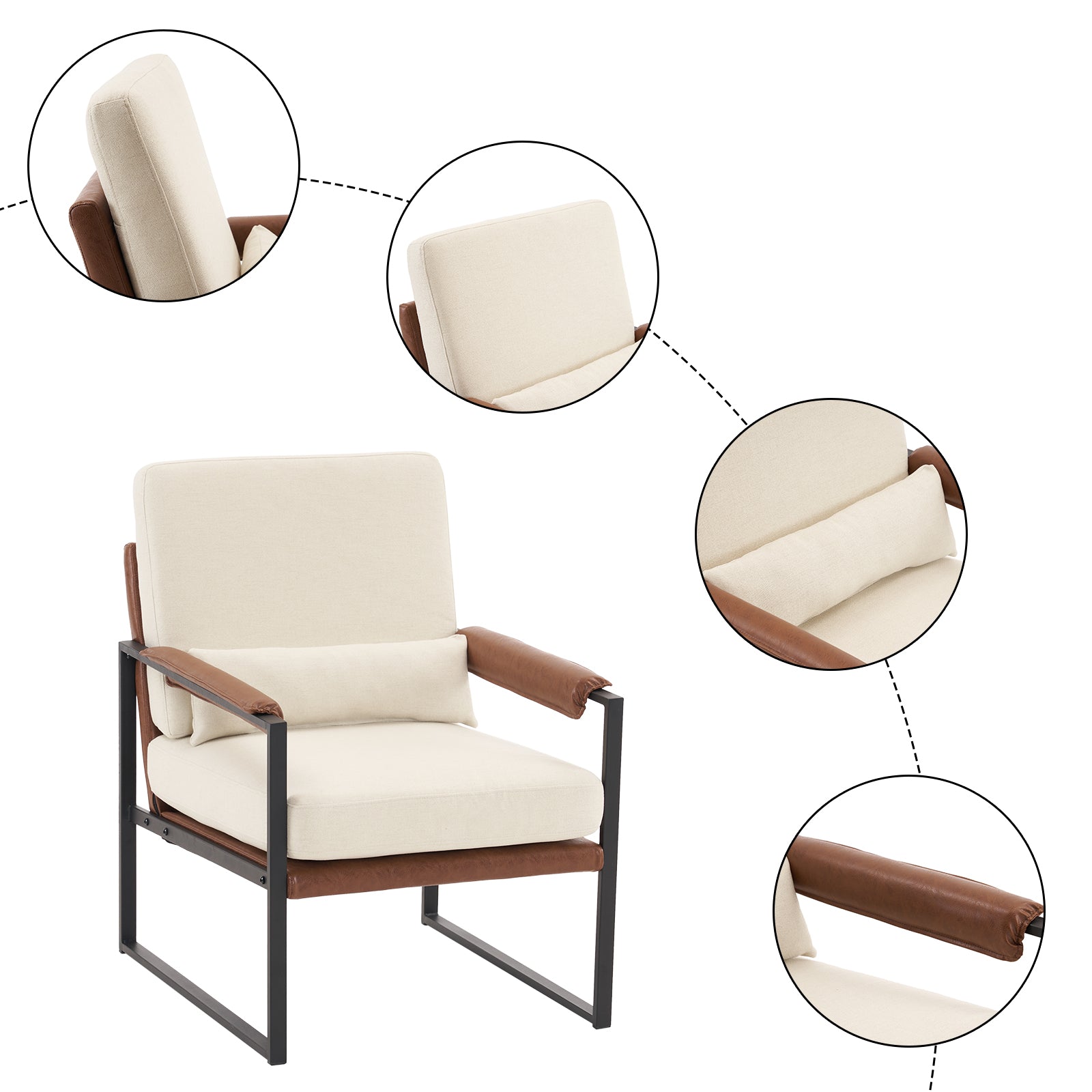 HAOYYE Single Iron Frame Leisure Chair, Soft Beige Brown Honeycomb Leather, Cozy Flannel Fleece Armrest, Premium Indoor Accent Chair, Comfortable and Stylish for Living Room, Bedroom, Office, Home Decor, Modern Luxury Design