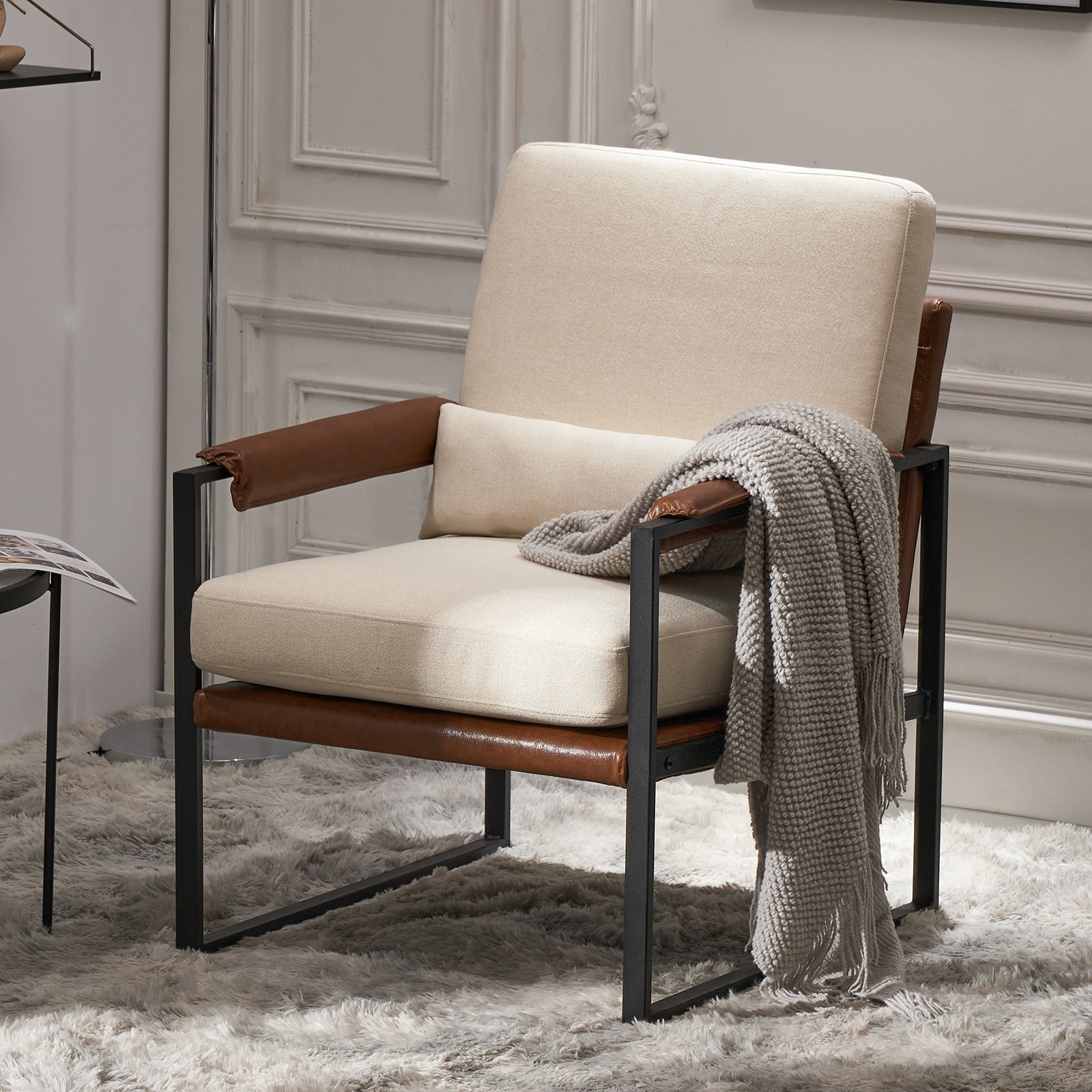 HAOYYE Single Iron Frame Leisure Chair, Soft Beige Brown Honeycomb Leather, Cozy Flannel Fleece Armrest, Premium Indoor Accent Chair, Comfortable and Stylish for Living Room, Bedroom, Office, Home Decor, Modern Luxury Design