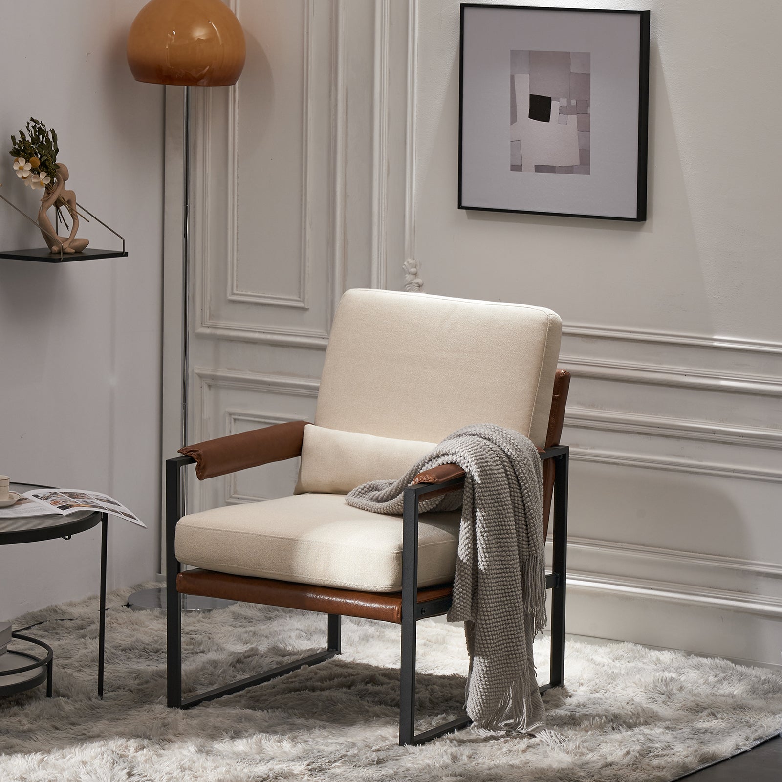 HAOYYE Single Iron Frame Leisure Chair, Soft Beige Brown Honeycomb Leather, Cozy Flannel Fleece Armrest, Premium Indoor Accent Chair, Comfortable and Stylish for Living Room, Bedroom, Office, Home Decor, Modern Luxury Design