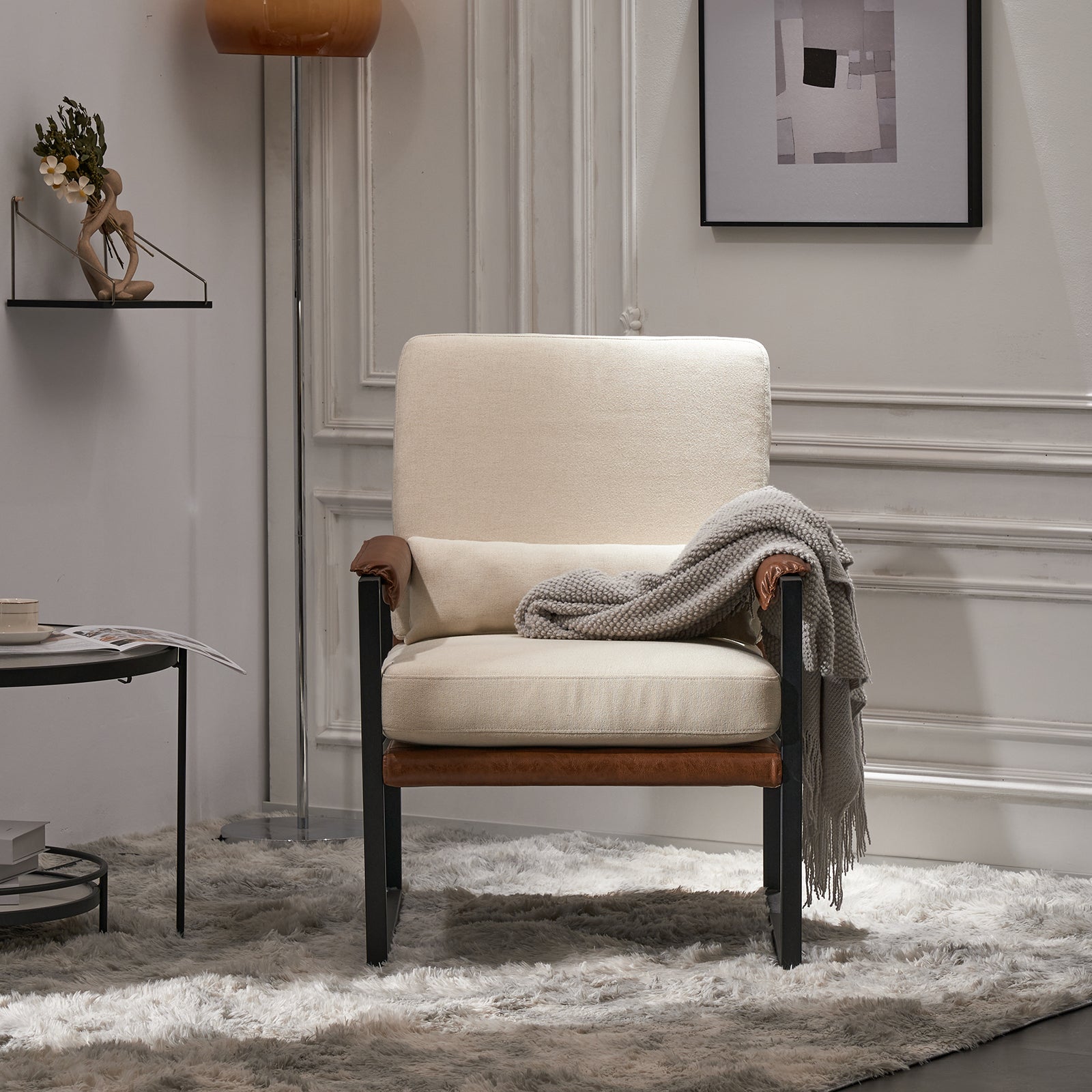 HAOYYE Single Iron Frame Leisure Chair, Soft Beige Brown Honeycomb Leather, Cozy Flannel Fleece Armrest, Premium Indoor Accent Chair, Comfortable and Stylish for Living Room, Bedroom, Office, Home Decor, Modern Luxury Design