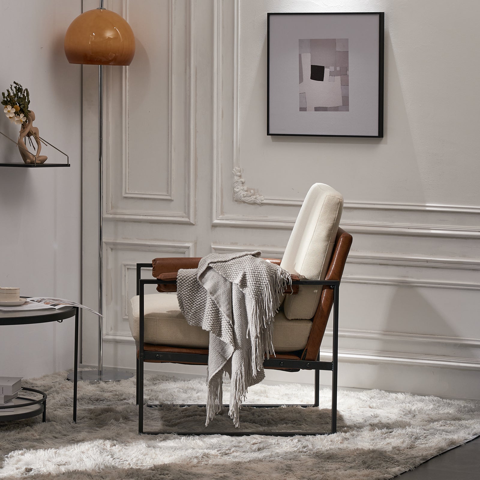 HAOYYE Single Iron Frame Leisure Chair, Soft Beige Brown Honeycomb Leather, Cozy Flannel Fleece Armrest, Premium Indoor Accent Chair, Comfortable and Stylish for Living Room, Bedroom, Office, Home Decor, Modern Luxury Design
