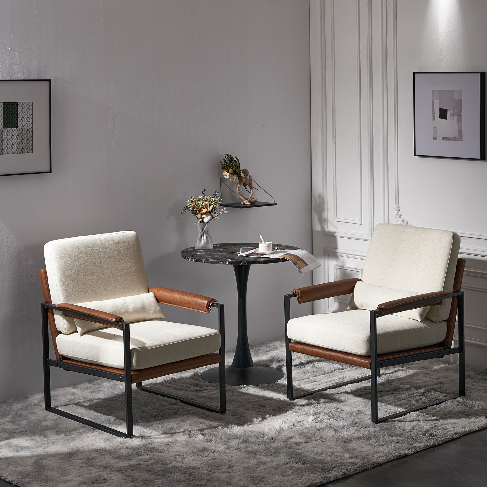 HAOYYE Single Iron Frame Leisure Chair, Soft Beige Brown Honeycomb Leather, Cozy Flannel Fleece Armrest, Premium Indoor Accent Chair, Comfortable and Stylish for Living Room, Bedroom, Office, Home Decor, Modern Luxury Design