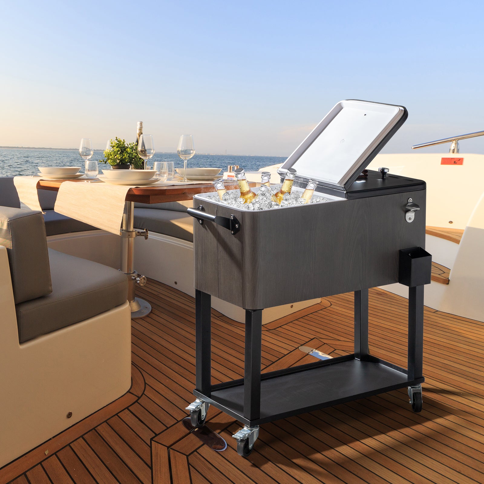 HAOYYE Rectangular Plastic Box Cooler Cart with Iron Foot Tube, Insulated Beverage Cart with Bottle Opener and Drainage Cap, 2 Locking Casters, Ideal for Outdoor Parties, BBQs, and Events