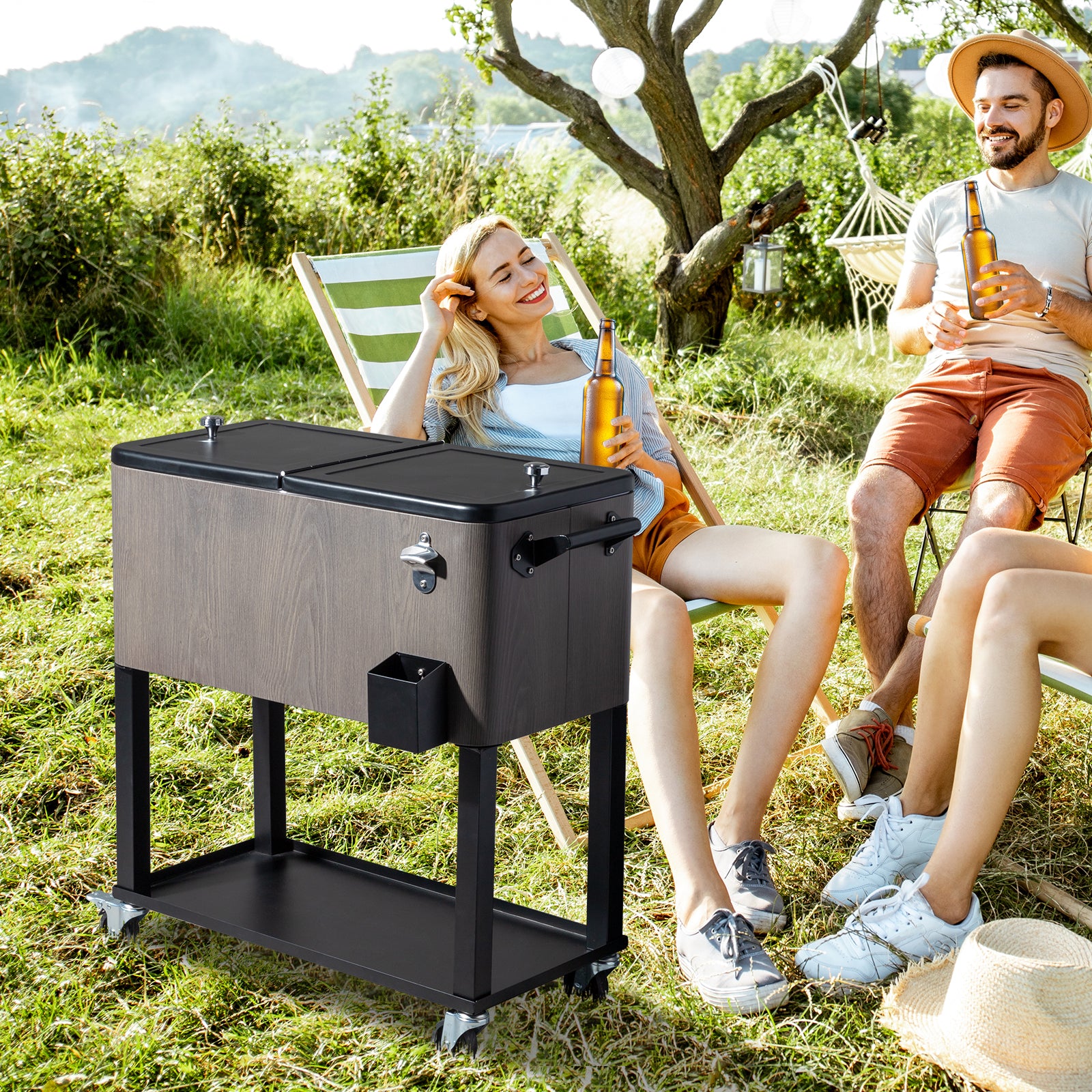HAOYYE Rectangular Plastic Box Cooler Cart with Iron Foot Tube, Insulated Beverage Cart with Bottle Opener and Drainage Cap, 2 Locking Casters, Ideal for Outdoor Parties, BBQs, and Events